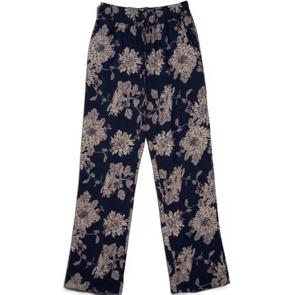 Hippie Floral Wide Leg Cotton Lounge Pants Navy Beige Chrysanthemum S